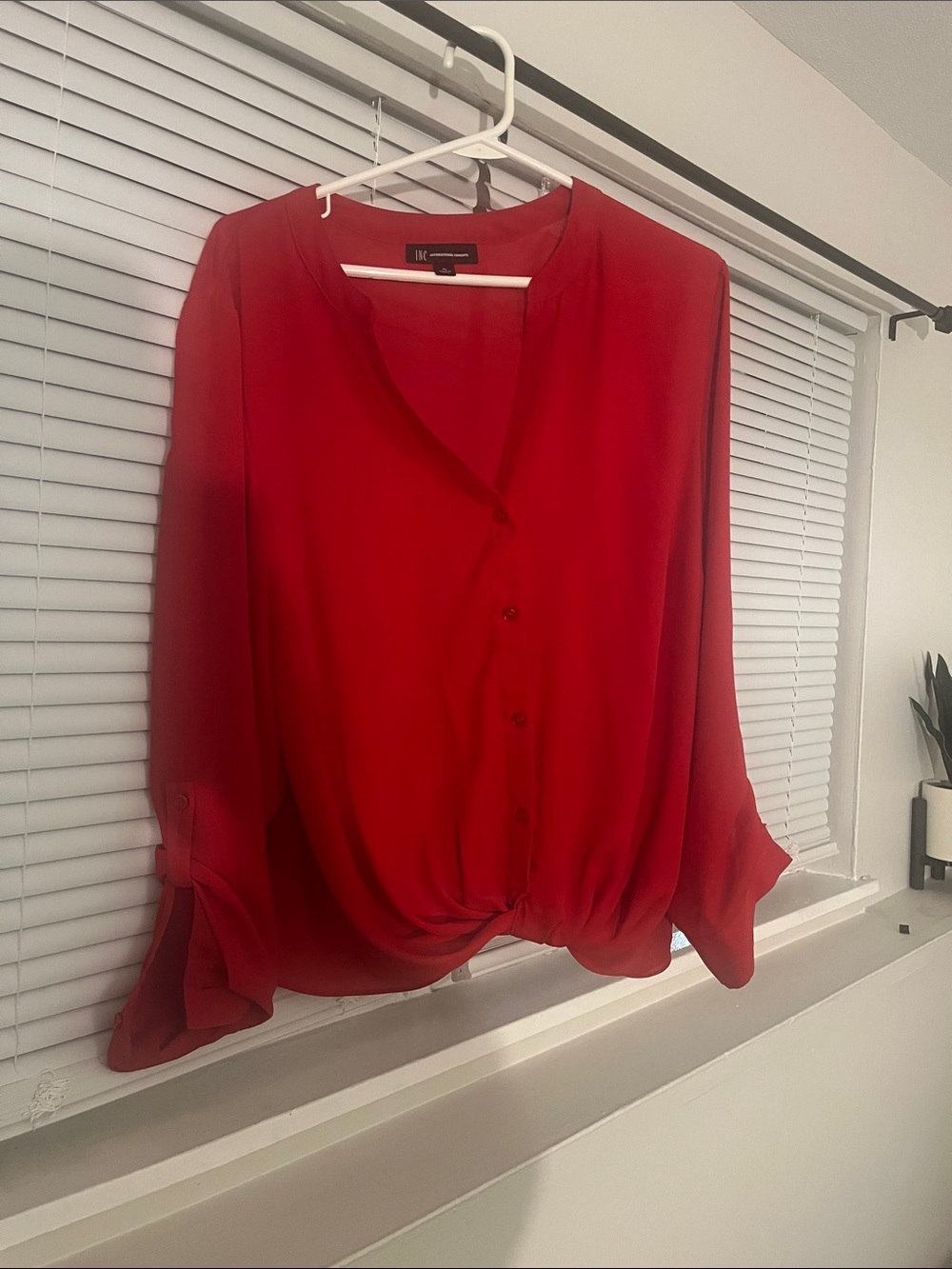 INC International Concepts Red V-Neck Button Front Blouse with Twist Hem